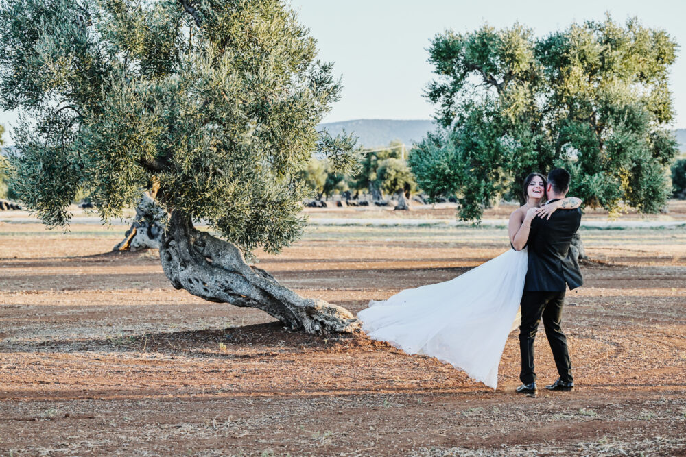 Sposi accanto all ulivo secolare inclinato foto iconica matrimonio Puglia