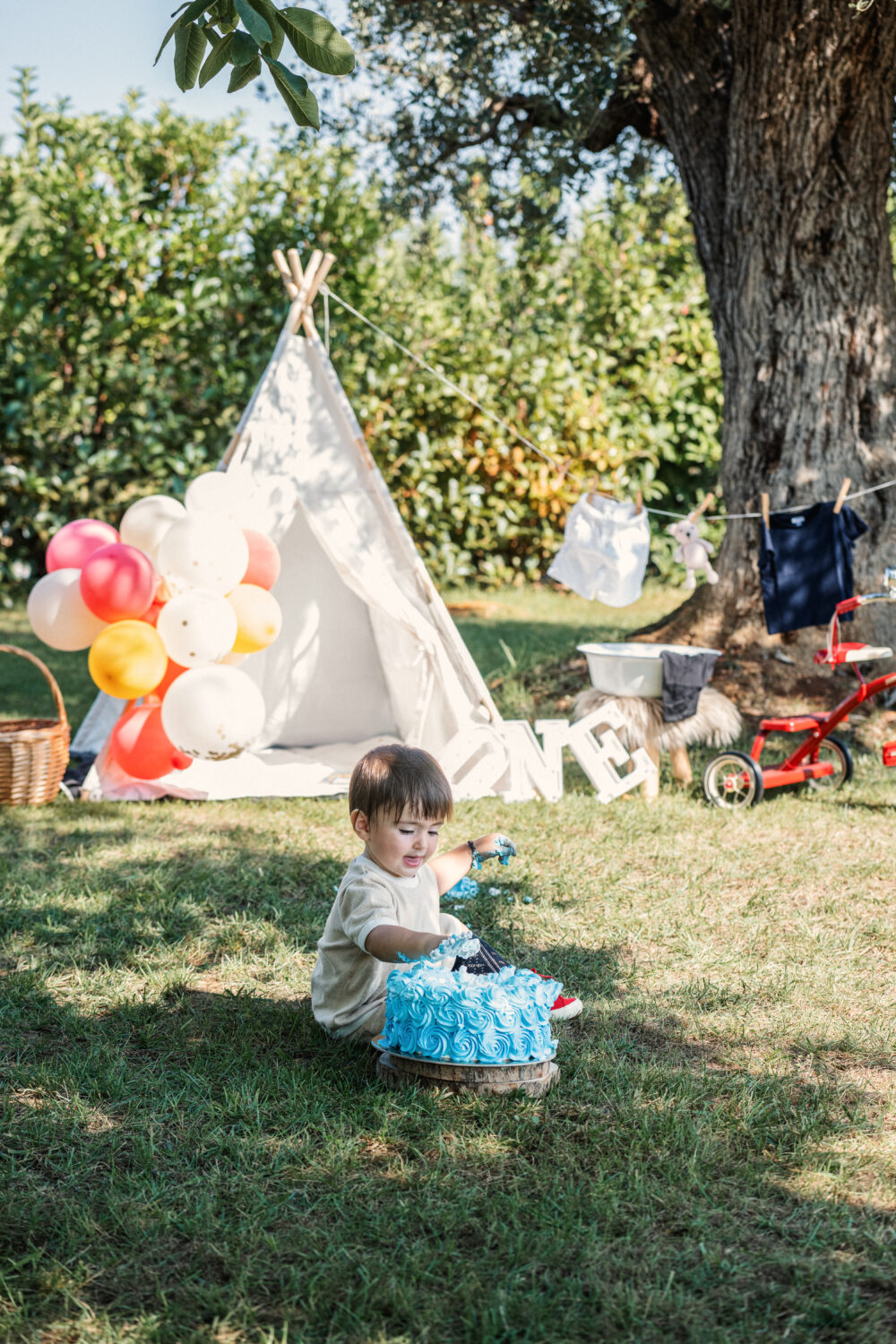 Servizio smash cake all aperto bimbo con allestimento colorato in giardino